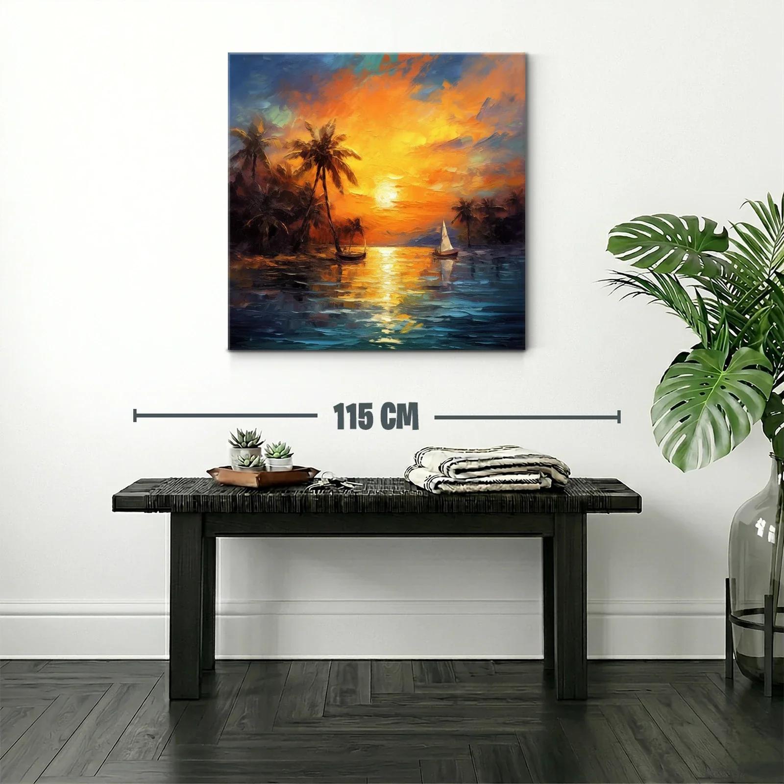 Atardecer tropical con palmeras y barco de vela sobre el mar — miniatura 2
