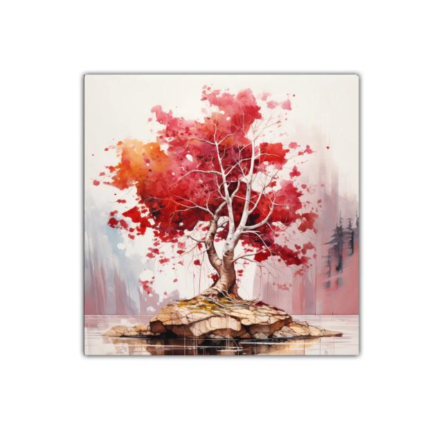 Árbol rojo vibrante sobre roca en lago calmado