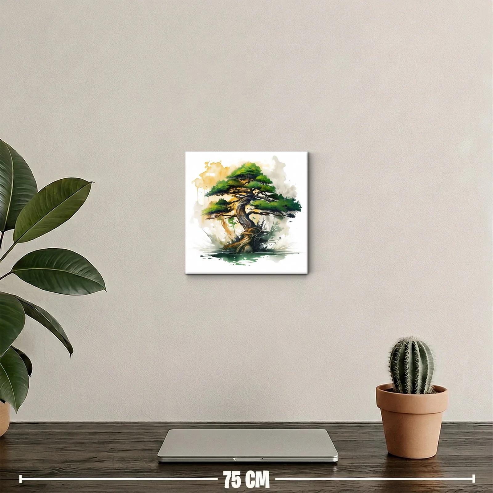 Árbol bonsái con tonos verdes y dorados en acuarela moderna — miniatura 2