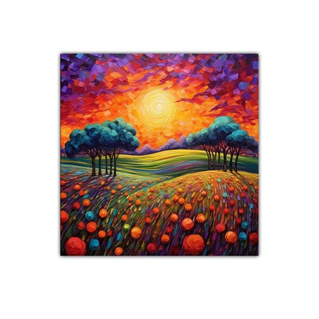 Paisaje vibrante con atardecer y campo florido