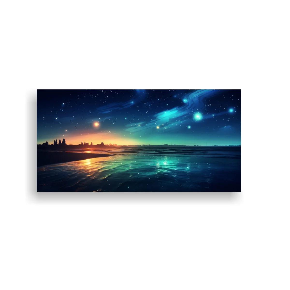 Cuadro paisaje marino nocturno con luces celestes brillantes — imagen principal