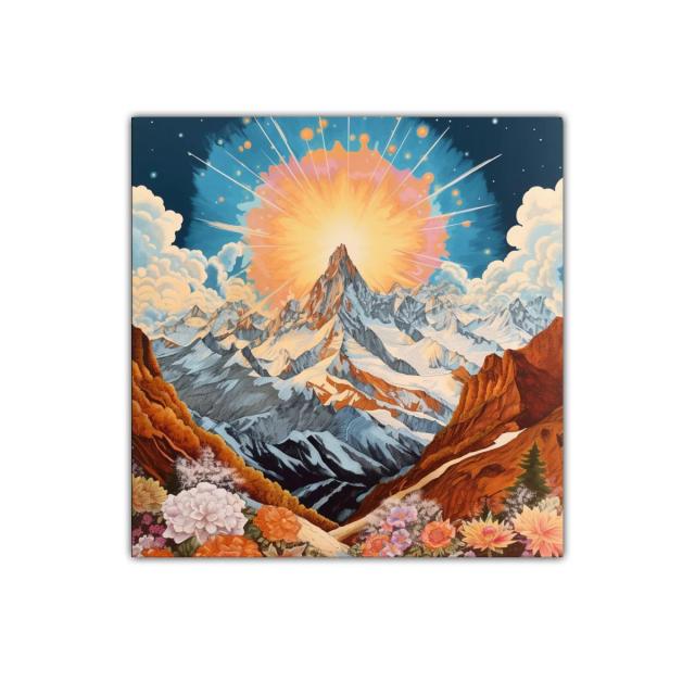 Montaña majestuosa con sol radiante y flores vibrantes