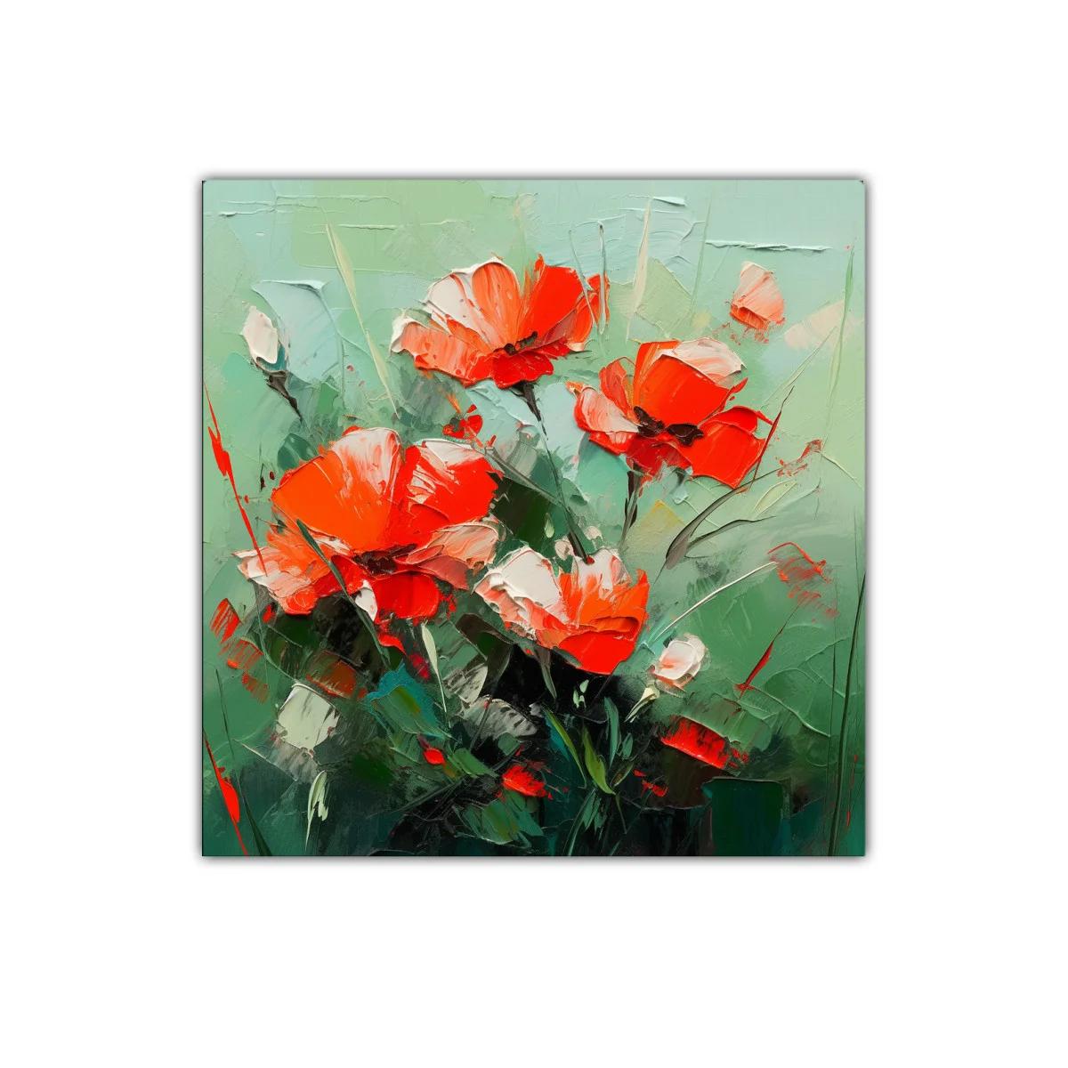 Cuadro decorativo con flores rojas en fondo verde