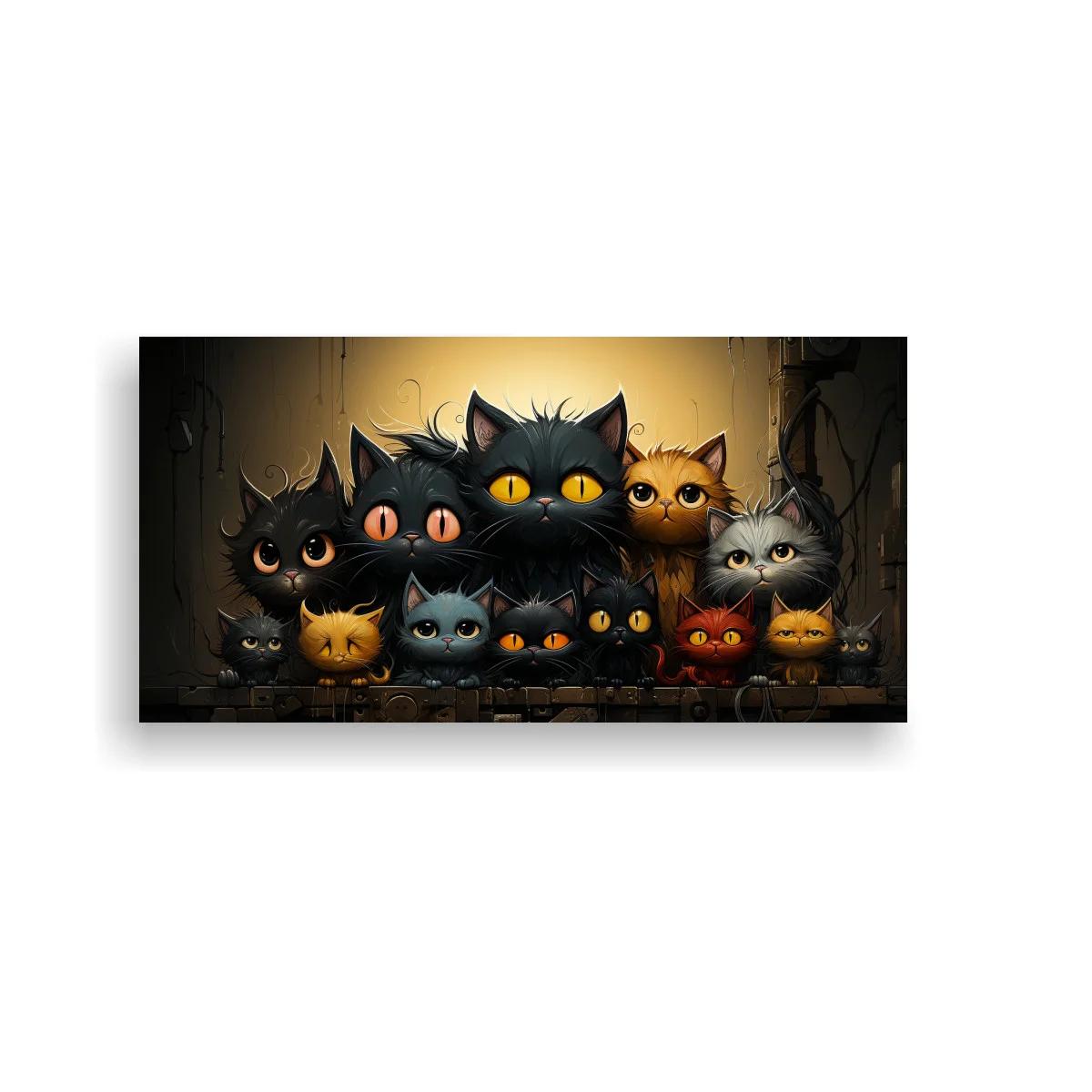 Cuadro grupo de gatos negros y naranjas con gato negro grande