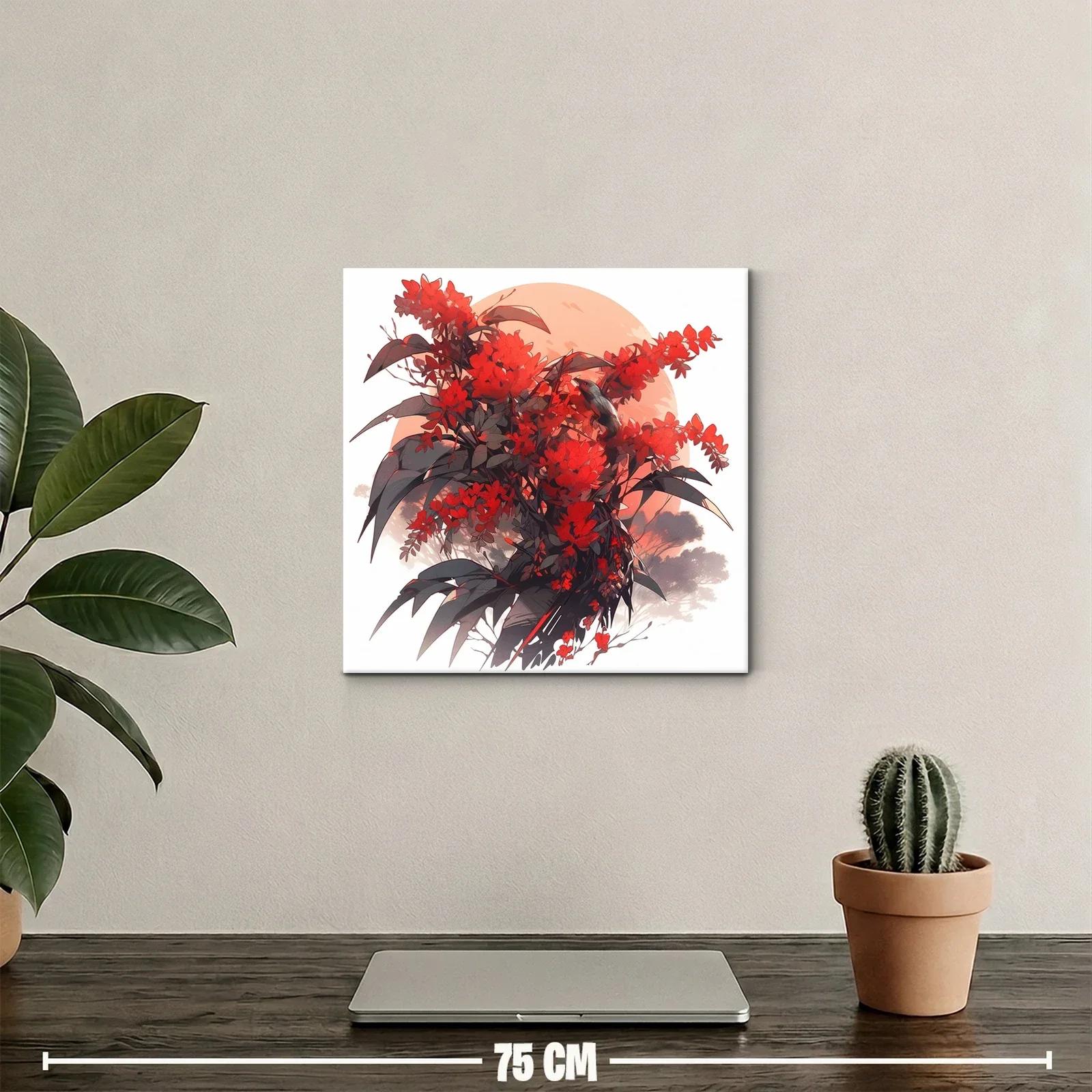 Cuadro floral con aves en tonos rojizos y contraste oscuro — miniatura 2