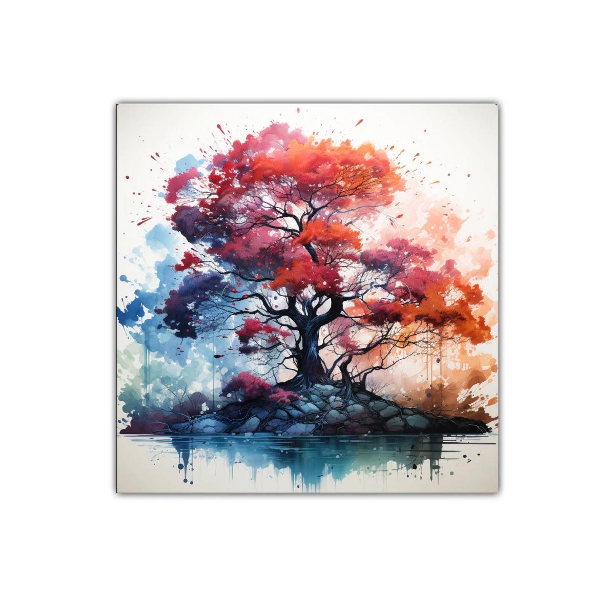Árbol vibrante en tonos cálidos sobre lago sereno