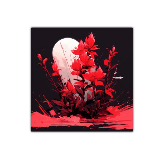 Ramo rojo vibrante bajo una luna llena brillante