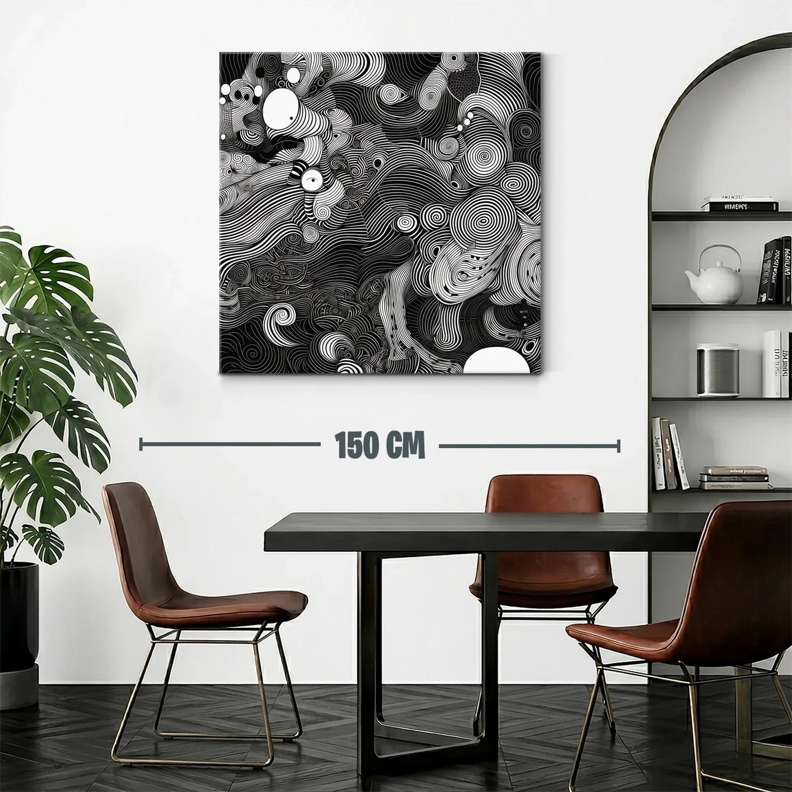 Cuadro abstracto en blanco y negro con líneas onduladas y espirales — miniatura 2