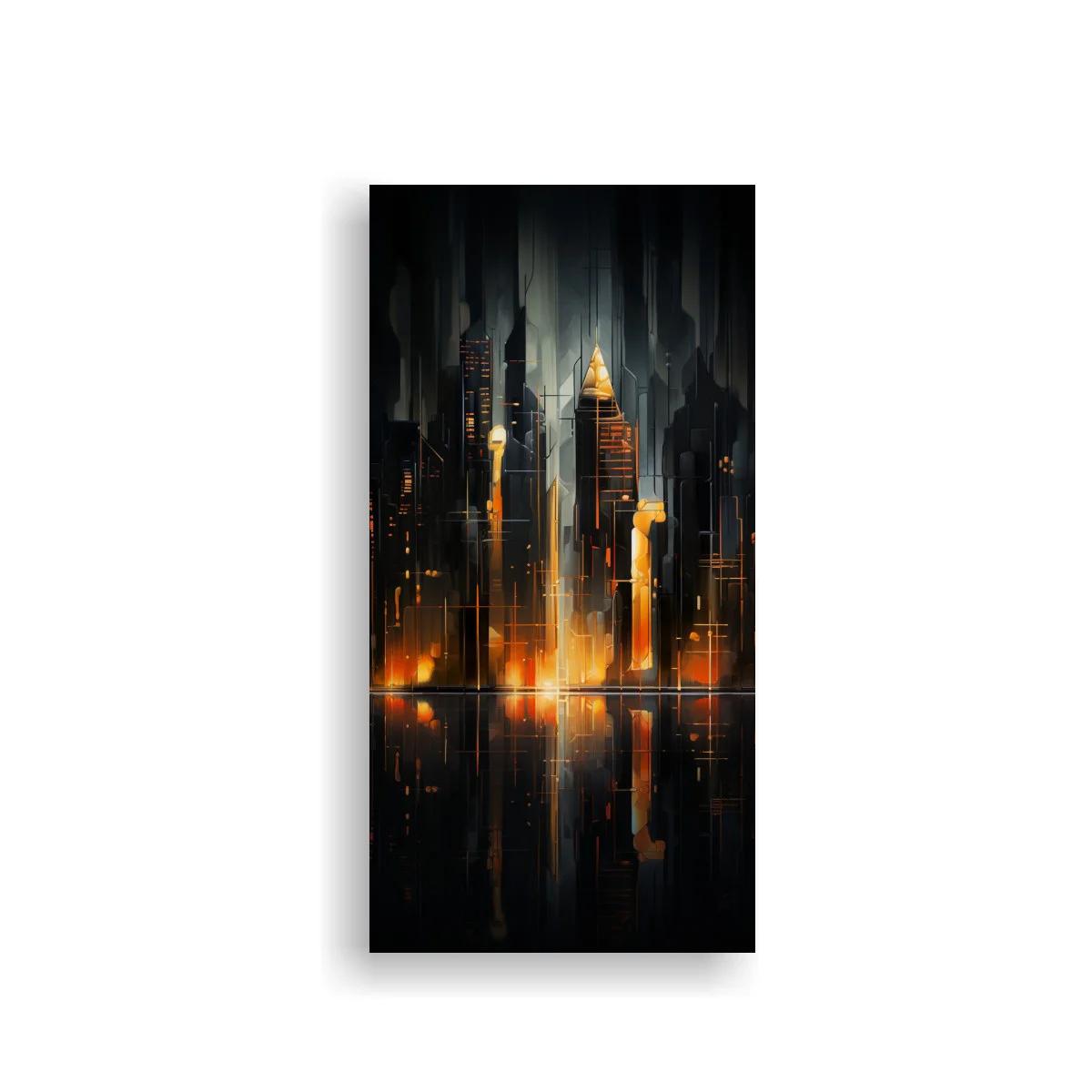 Cuadro skyline urbano con rascacielos iluminados y brillos dorados