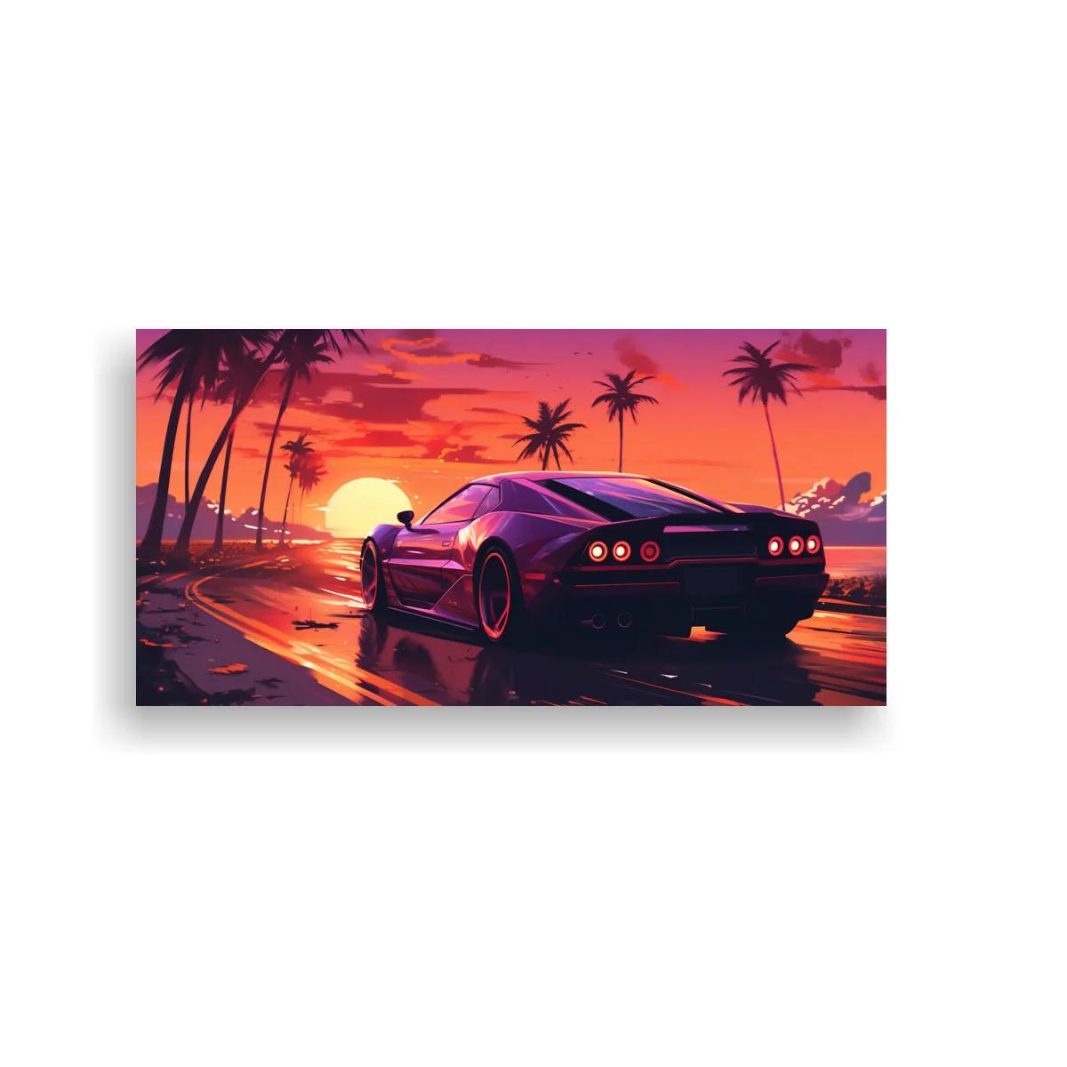 Cuadro coche deportivo negro con cielo rosa naranja y violeta