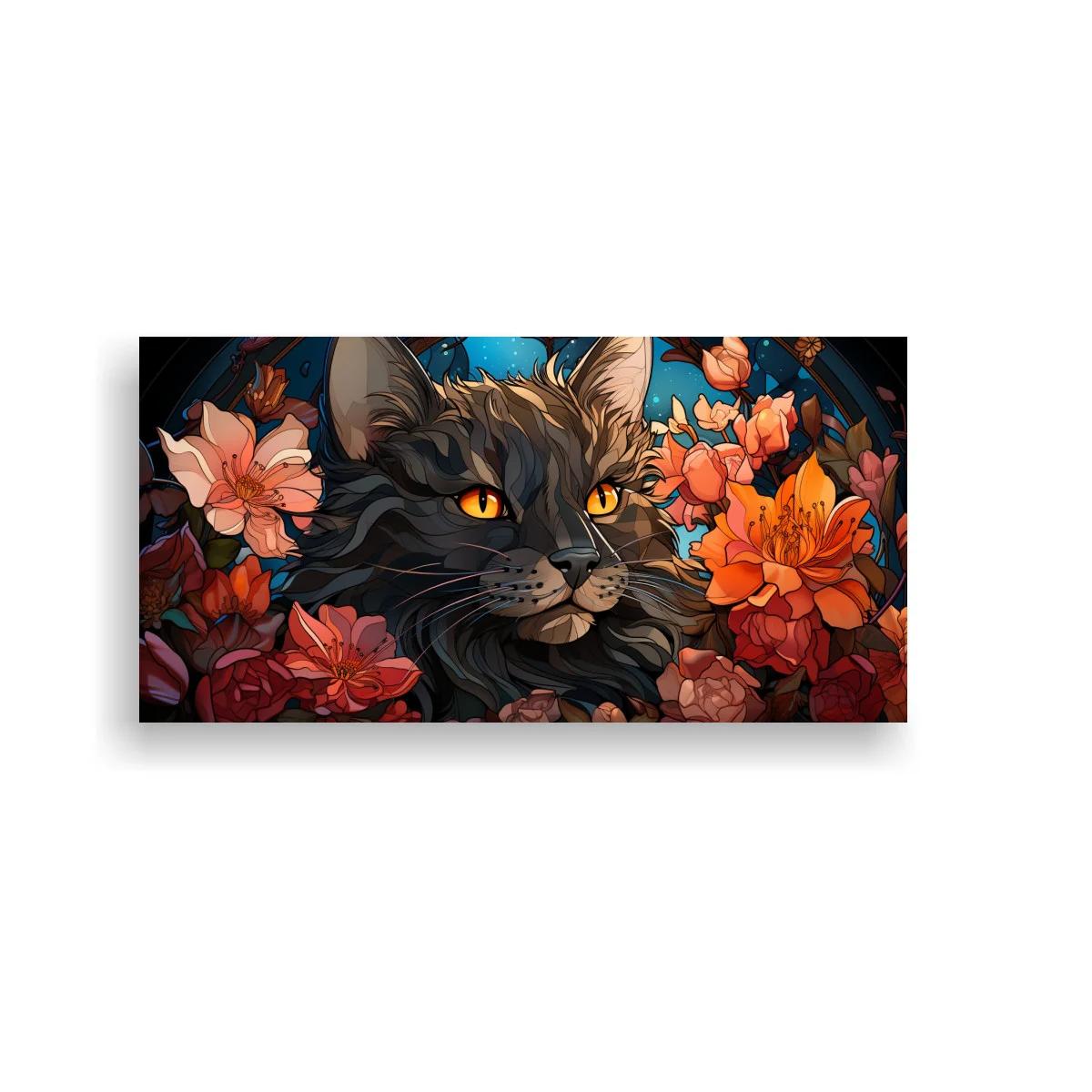 Cuadro gato gris de pelo largo entre flores densas
