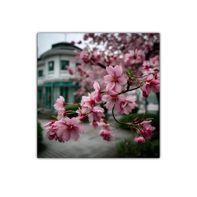 Rama de flores rosas con fondo urbano suave