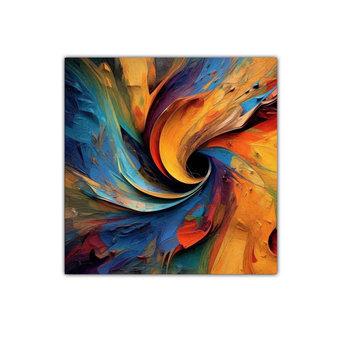 Cuadro abstracto en espiral con colores cálidos y fríos dinámicos