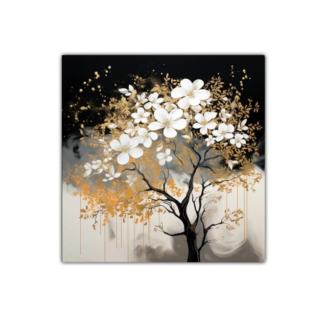 Árbol con Flores Blancas y Detalles Dorados en Fondo Oscuro
