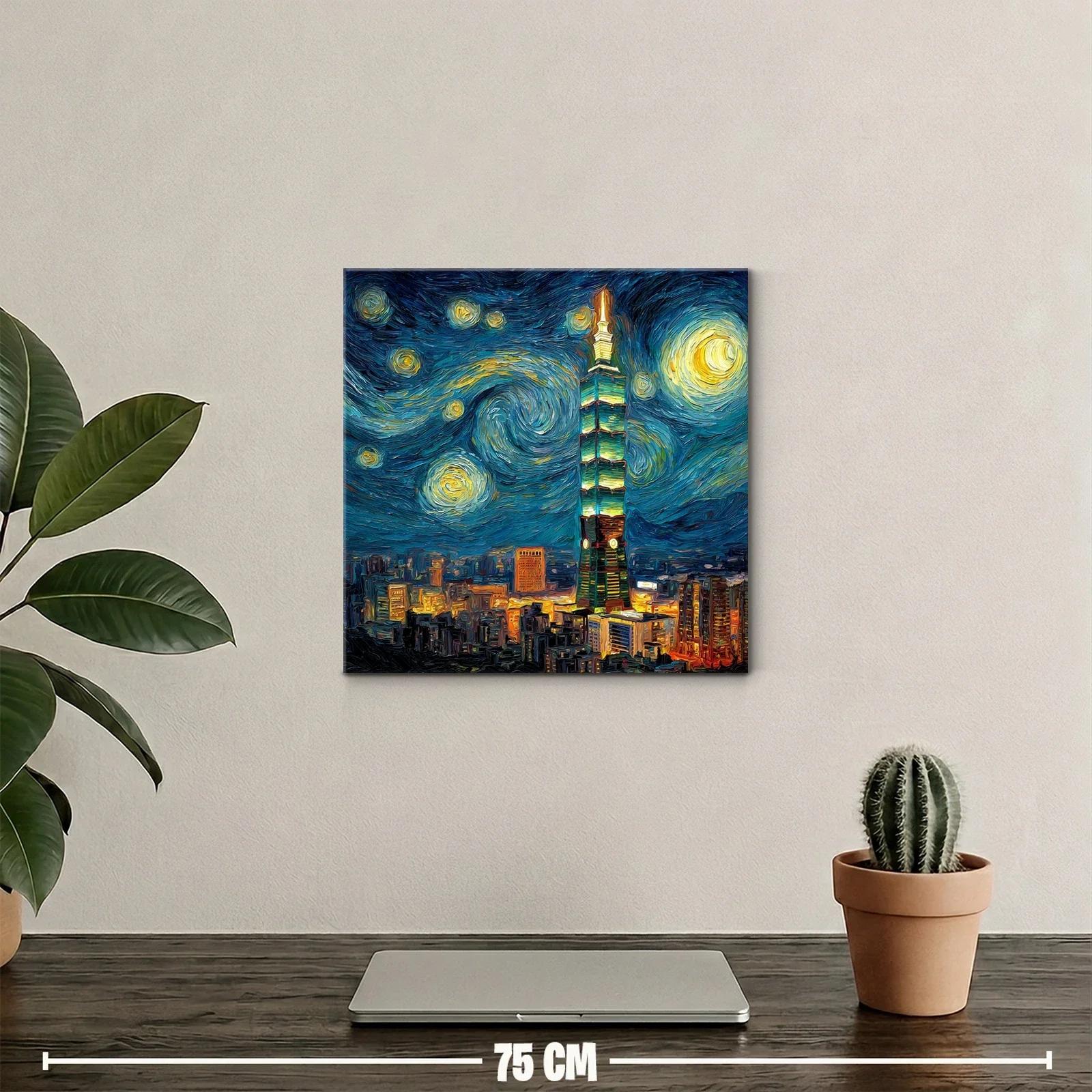 Ciudad nocturna vibrante con torre iluminada al estilo Van Gogh — miniatura 2