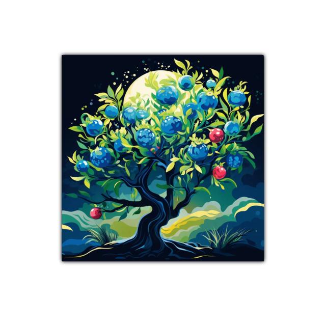 Árbol mágico con frutos azules y rojos en paisaje nocturno