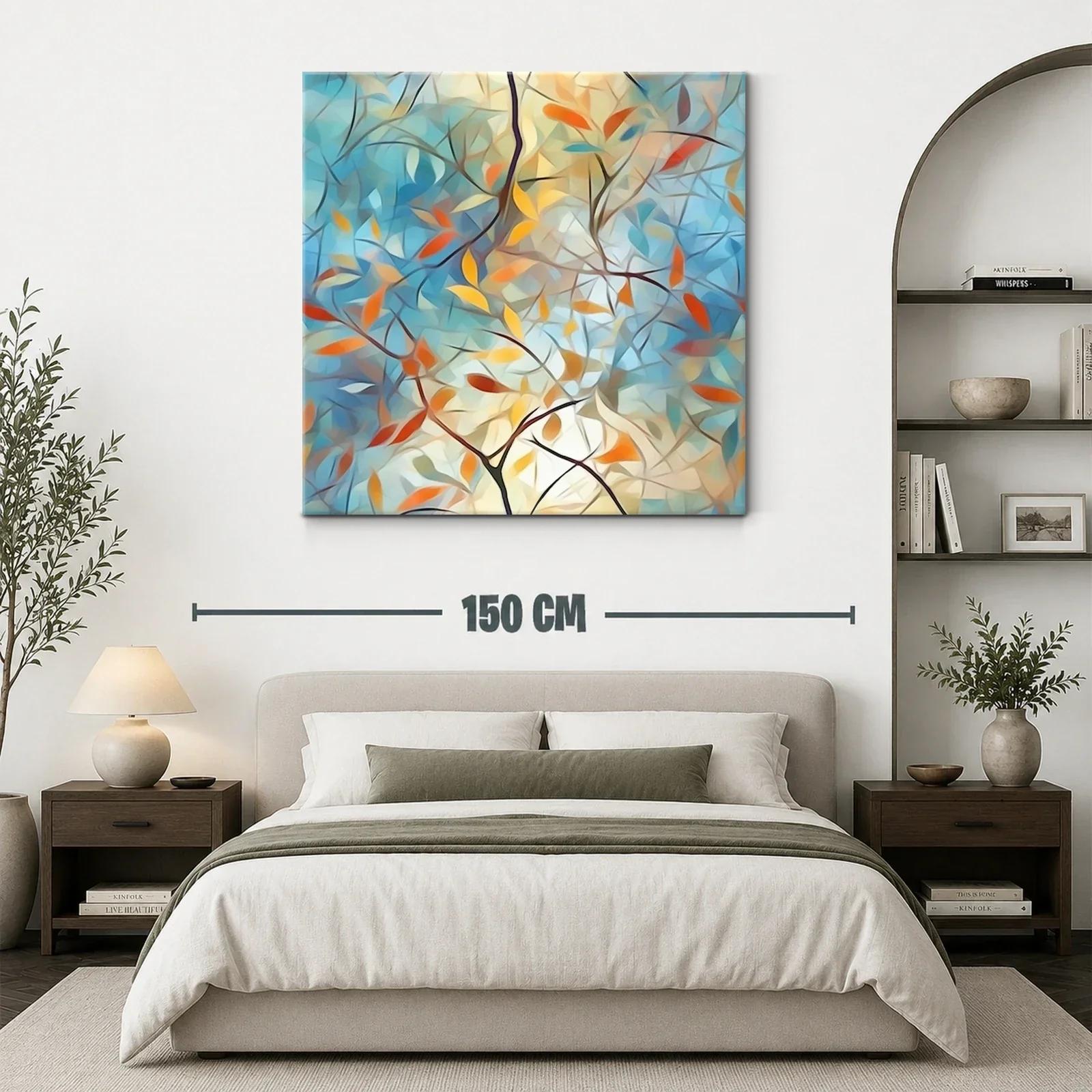 Cuadro abstracto con ramas y hojas en tonos cálidos y azules — miniatura 3