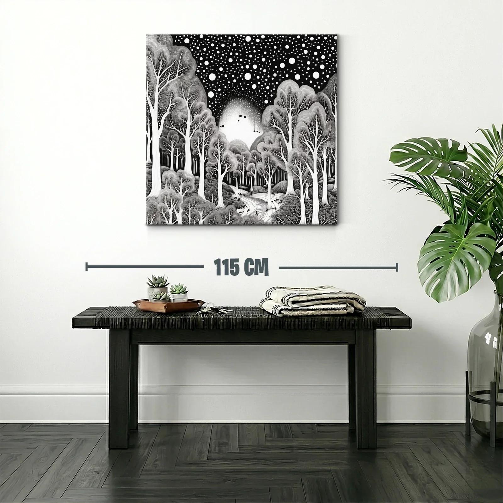 Bosque mágico bajo un cielo estrellado en blanco y negro — miniatura 2