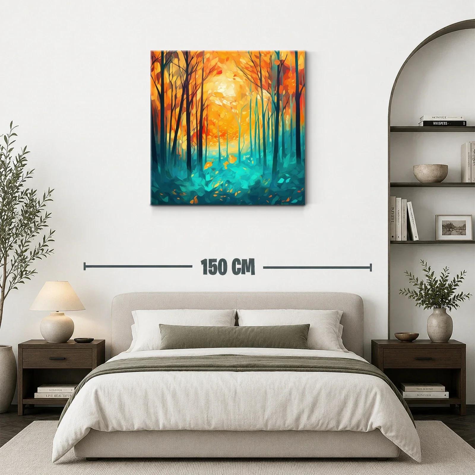 Bosque vibrante con árboles al amanecer en tonos cálidos — miniatura 3
