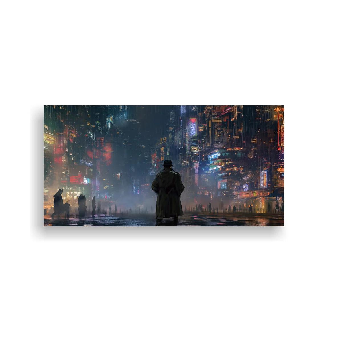 Cuadro figura solitaria con abrigo en ciudad nocturna