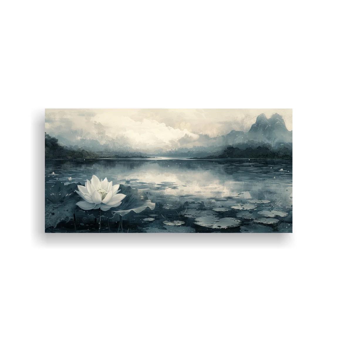 Cuadro nenúfar blanco con lago brumoso