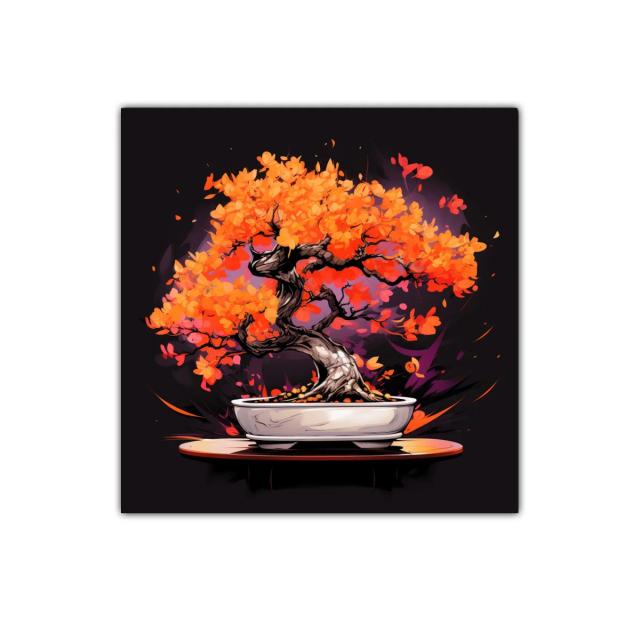 Bonsái con vibrantes hojas naranjas sobre fondo oscuro