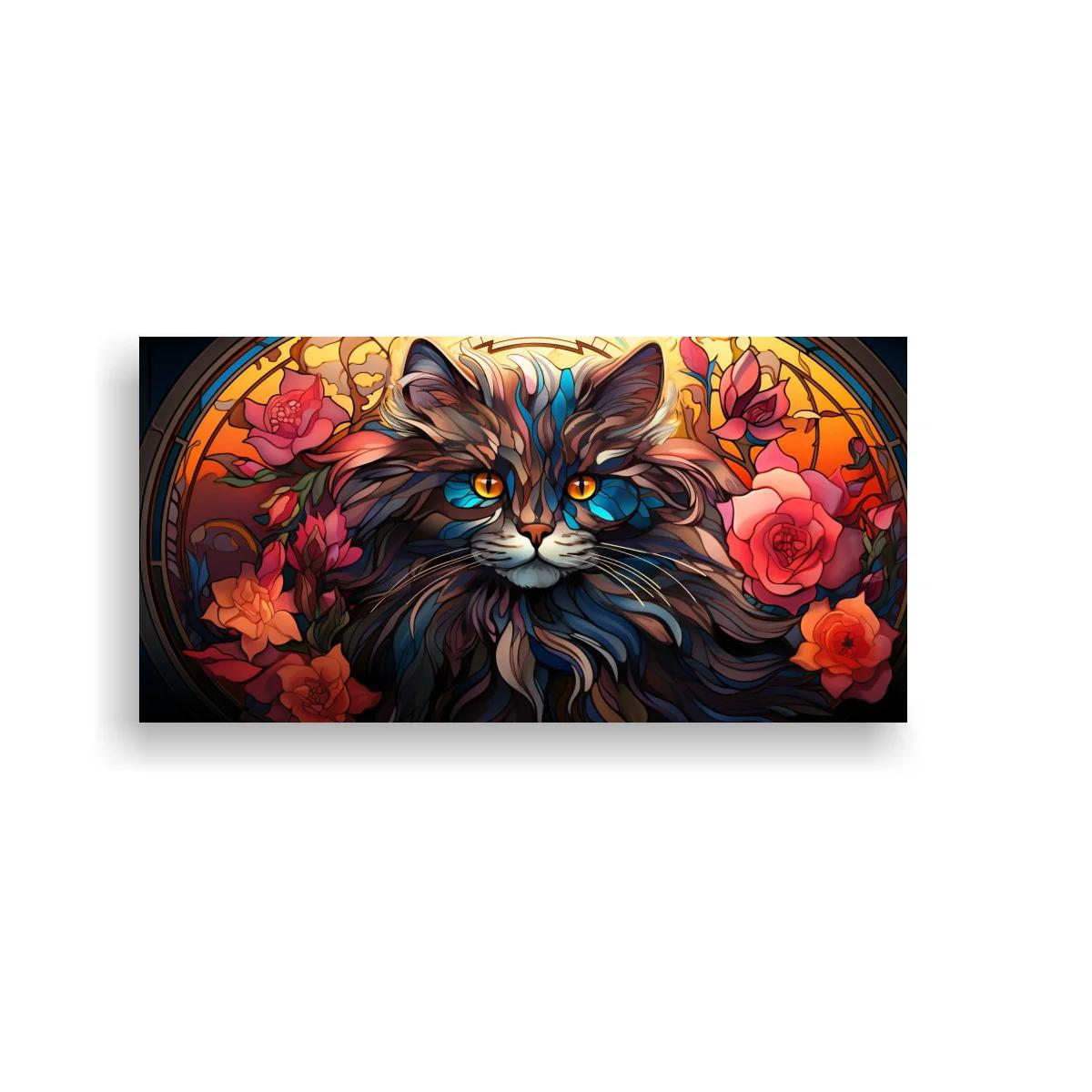 Cuadro gato de pelo largo con halo circular y flores