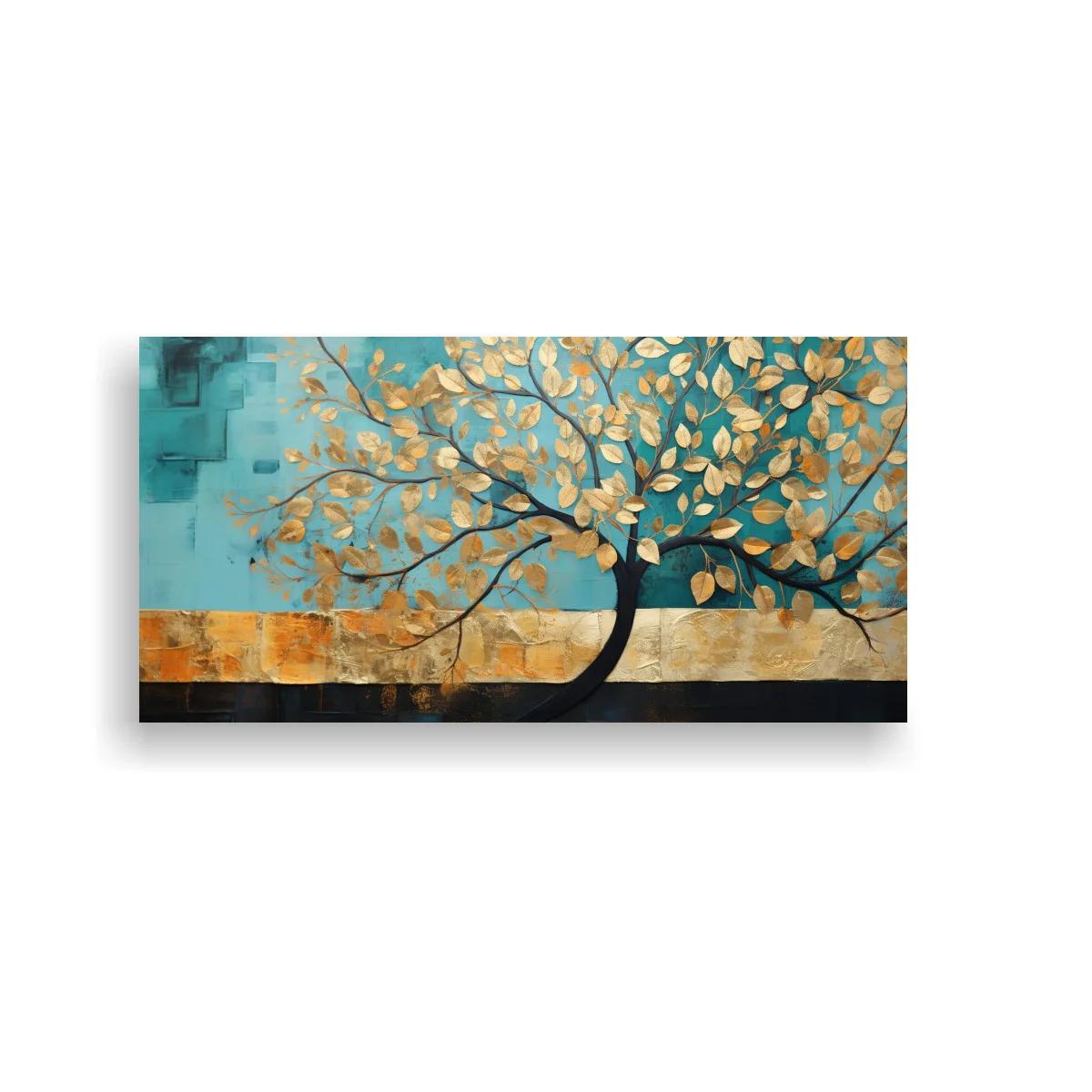 Cuadro árbol de hojas doradas con fondo turquesa y franjas