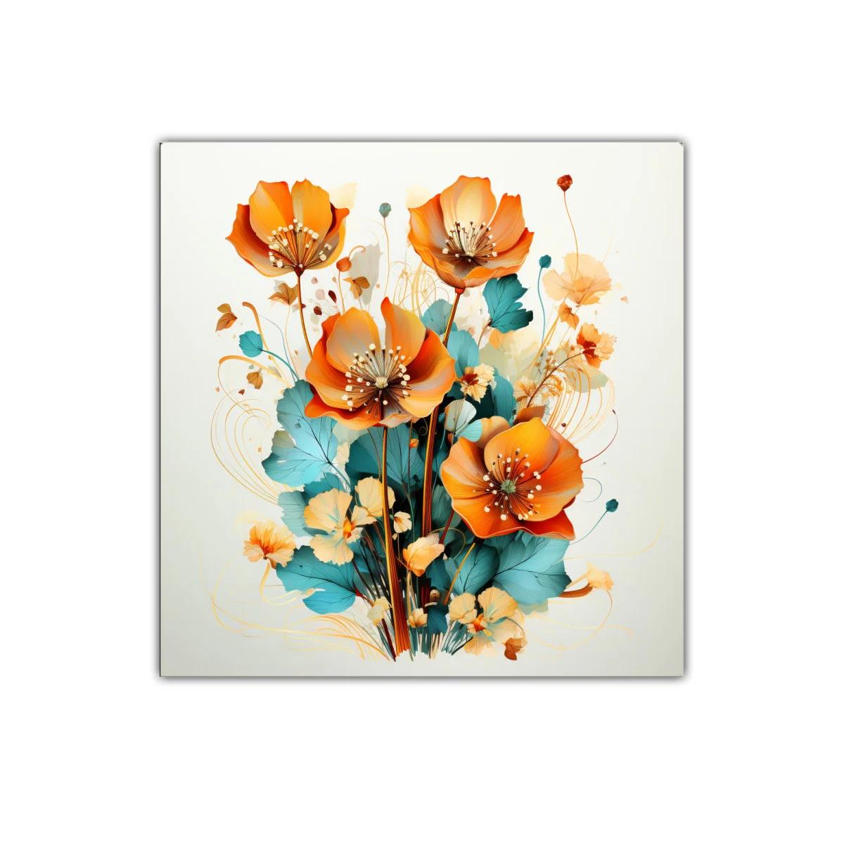 Cuadro decorativo con flores vibrantes en tonos cálidos y azules