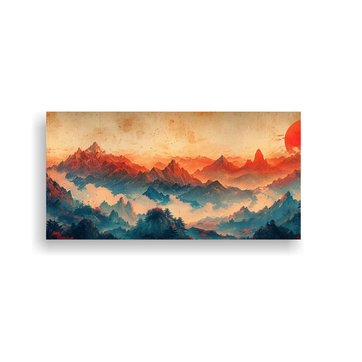 Cuadro cordillera montañosa con dos discos rojos en el cielo