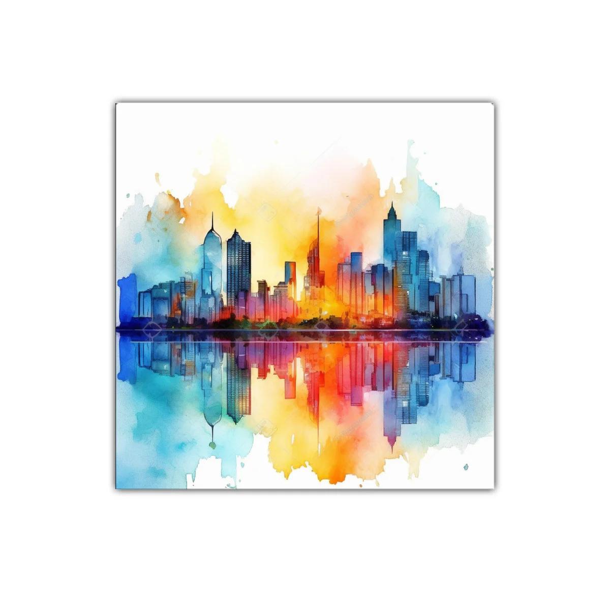 Ciudad vibrante con reflejos en tonos cálidos y fríos — imagen principal