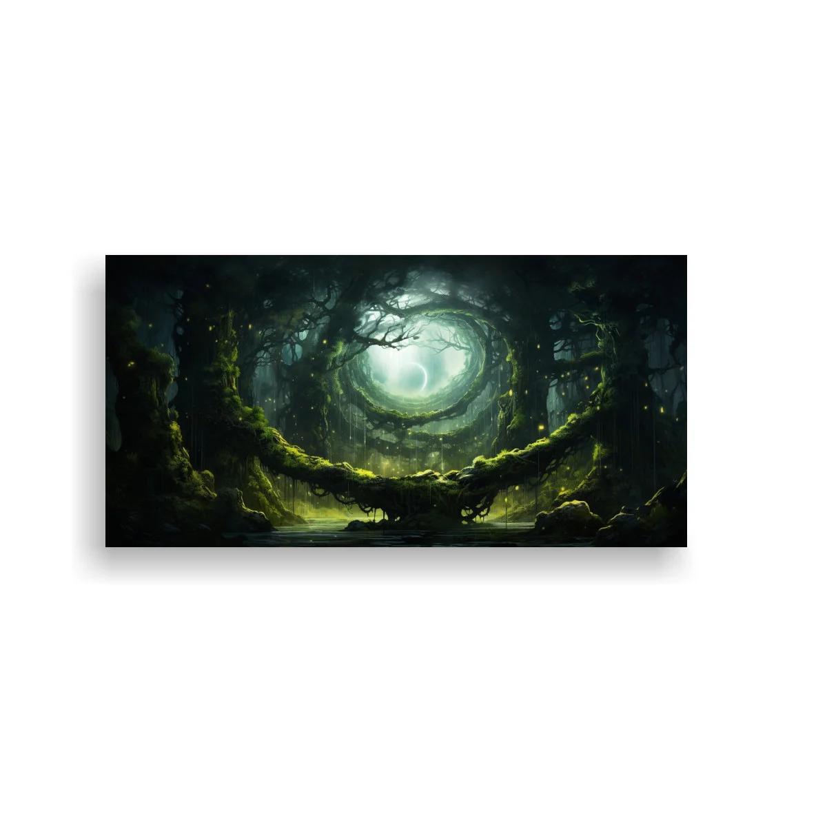 Cuadro bosque encantado con raíces expuestas y claro circular luminoso — imagen principal
