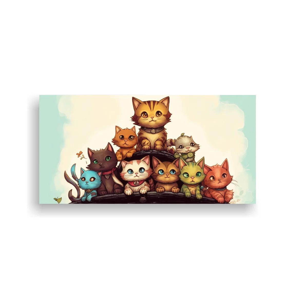 Cuadro grupo de gatos caricaturescos sobre troncos con mariposas