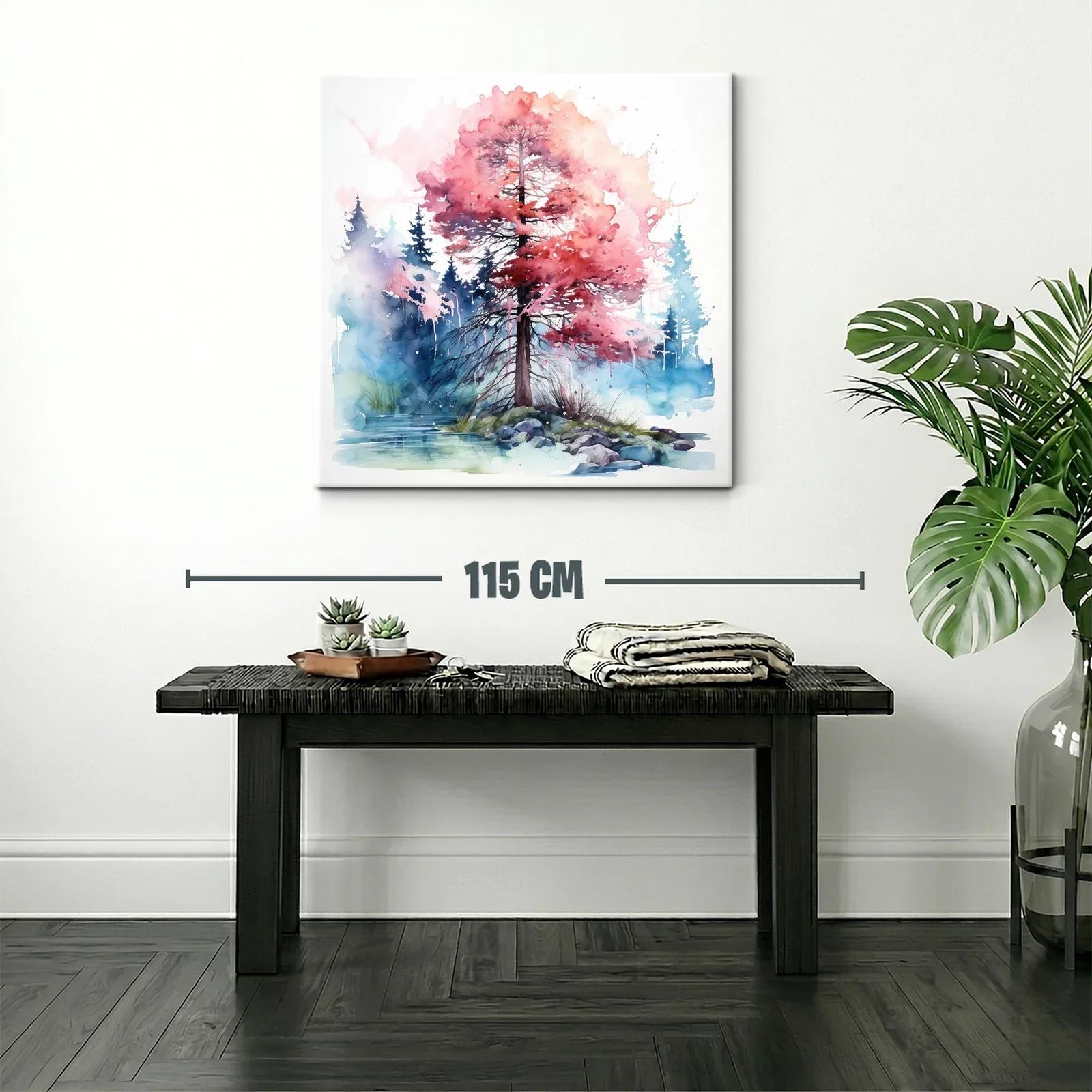 Árbol en otoño con hojas rosas y fondo de bosque azul — miniatura 2