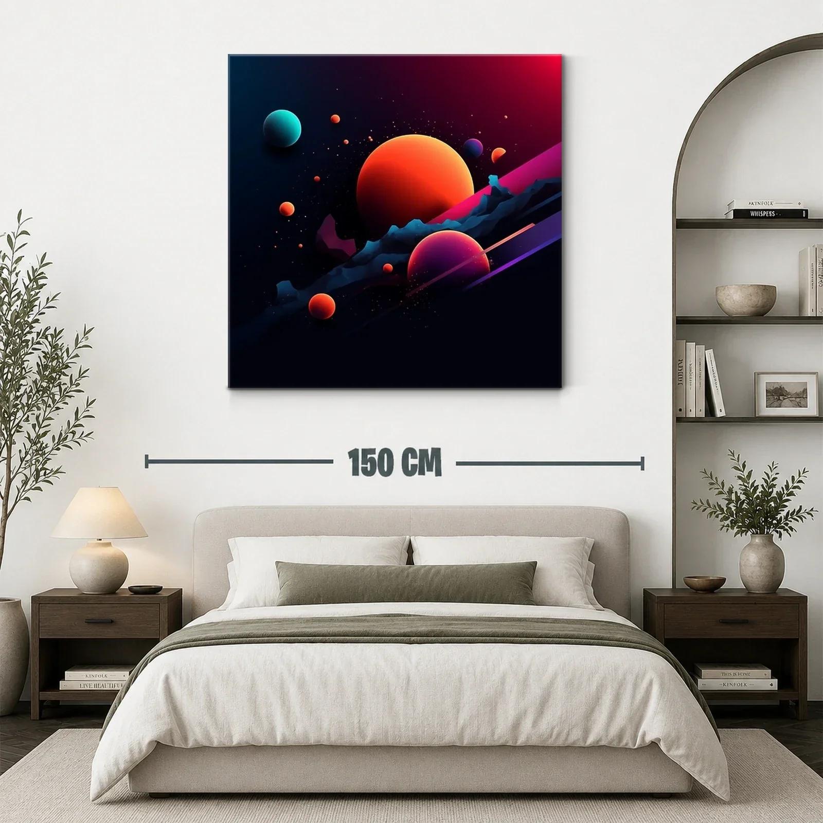 Cuadro abstracto con planetas vibrantes en espacio oscuro — miniatura 3