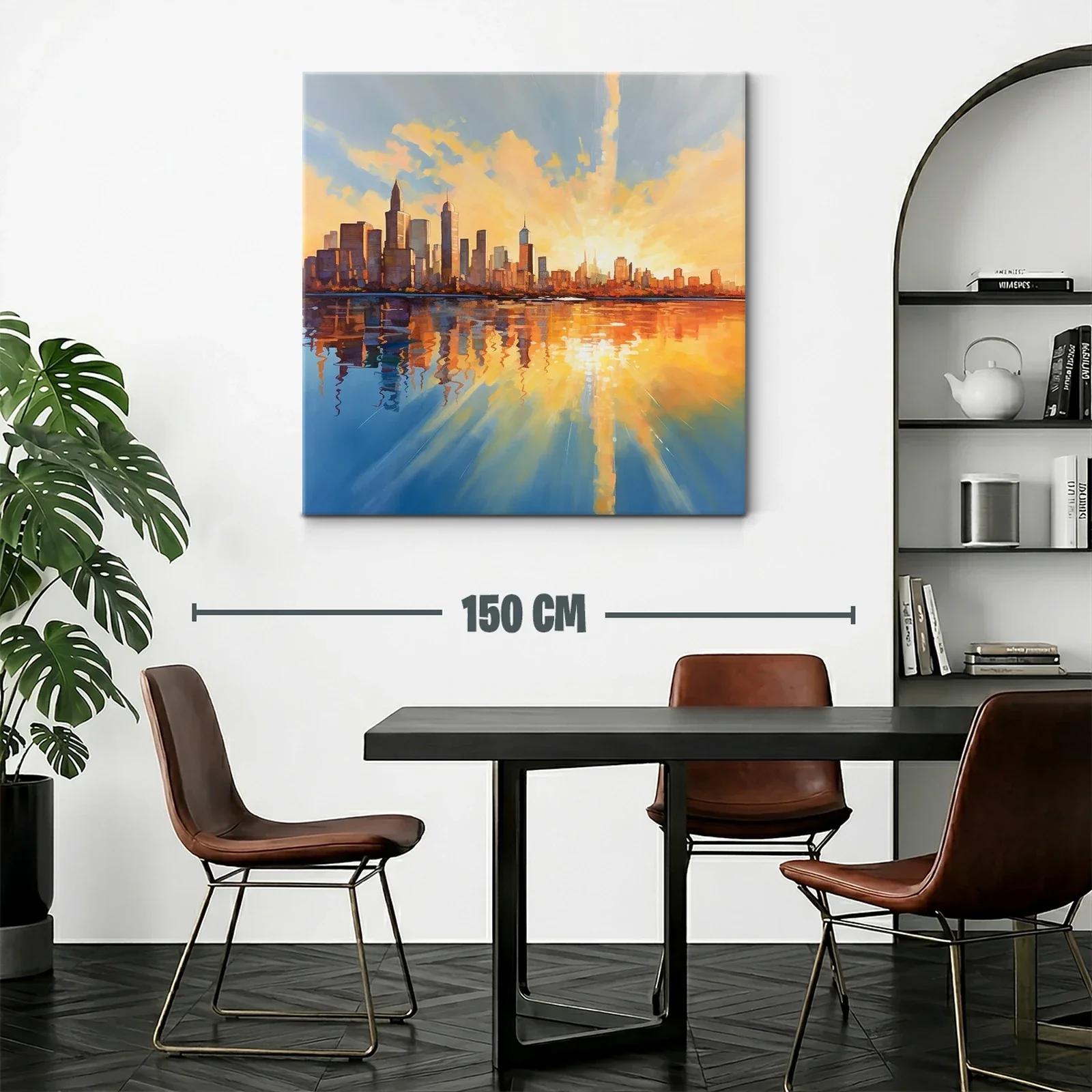 Atardecer vibrante sobre horizonte urbano reflejado en agua — miniatura 2