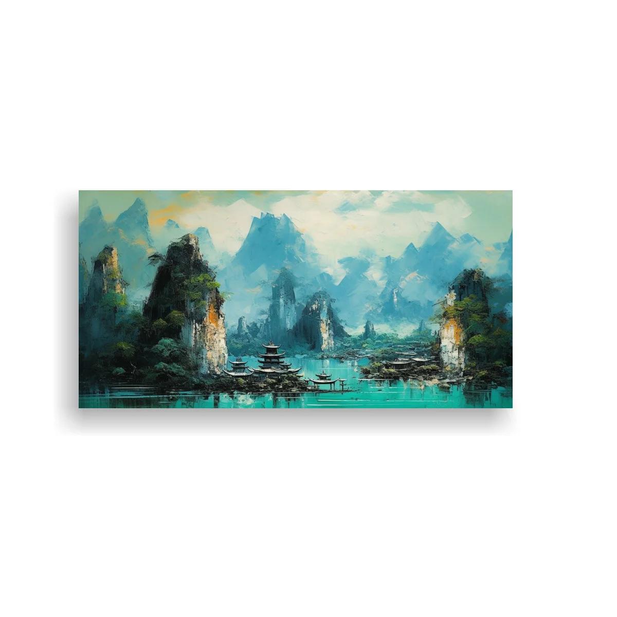 Cuadro paisaje montañoso con pagoda junto al agua