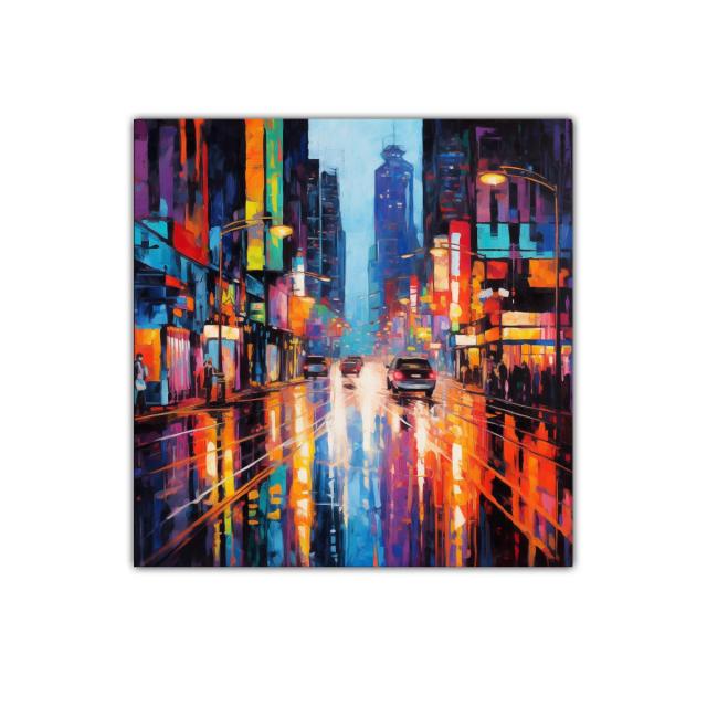 Ciudad vibrante con reflejos de luces de neón