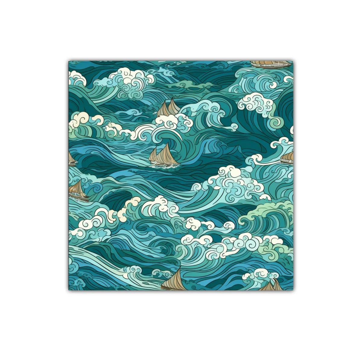 Cuadro decorativo verde azul con olas y barcos navegando