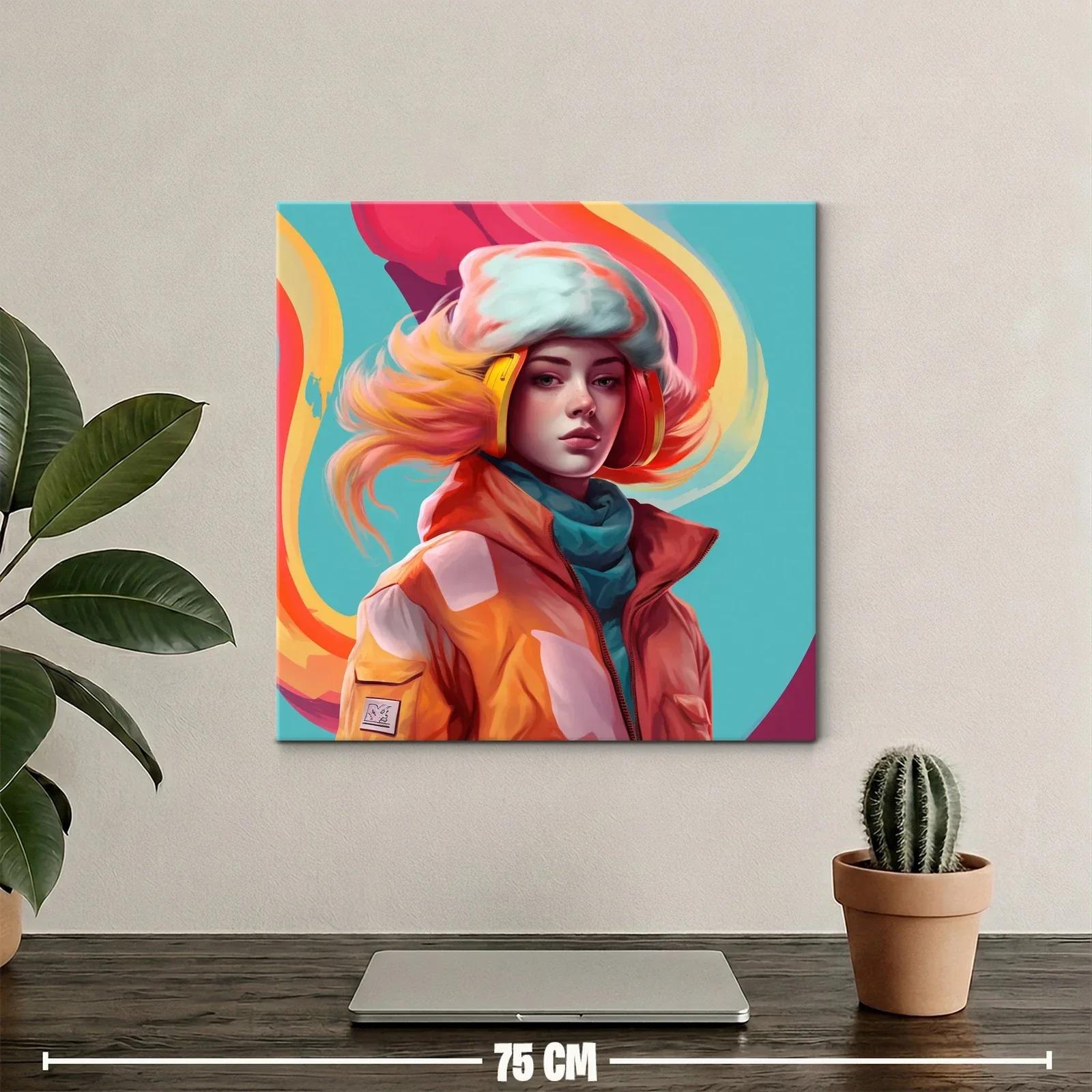 Retrato vibrante de mujer con auriculares y abrigo naranja — miniatura 2