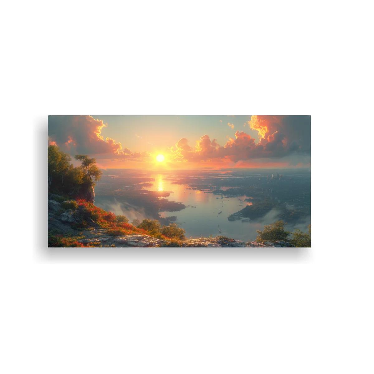 Cuadro atardecer sobre un lago con cielo nublado