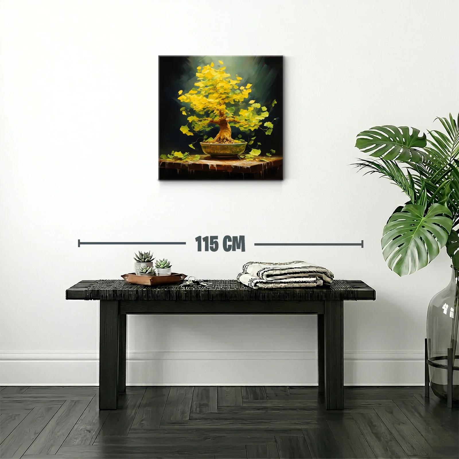 Árbol bonsái con hojas doradas vibrantes sobre mesa rústica — miniatura 2