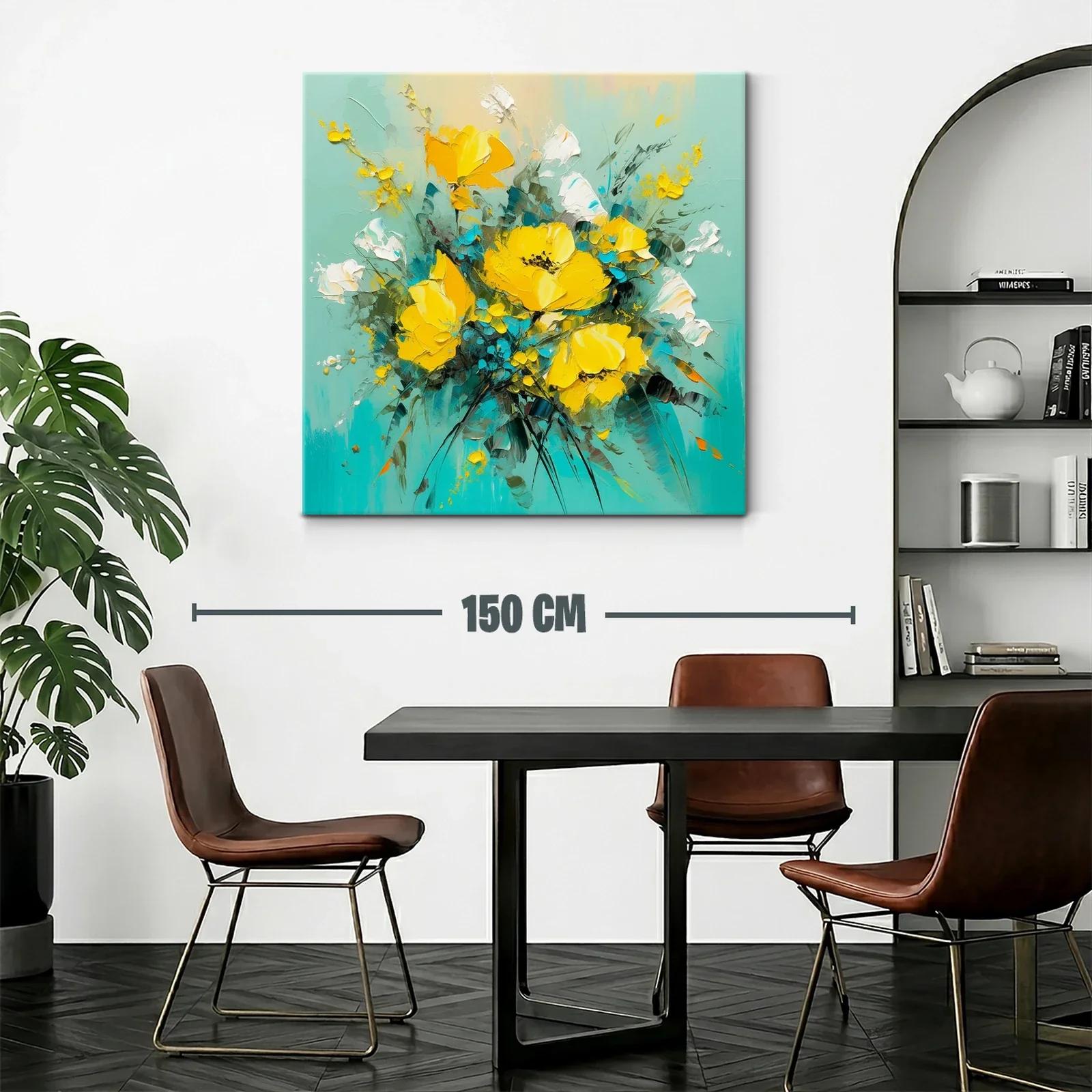 Cuadro moderno con ramo de flores amarillas y fondo turquesa — miniatura 2