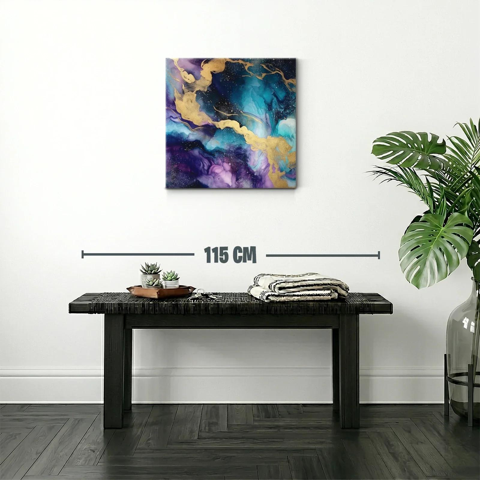 Cuadro abstracto con tonos azulados y dorados vibrantes — miniatura 2