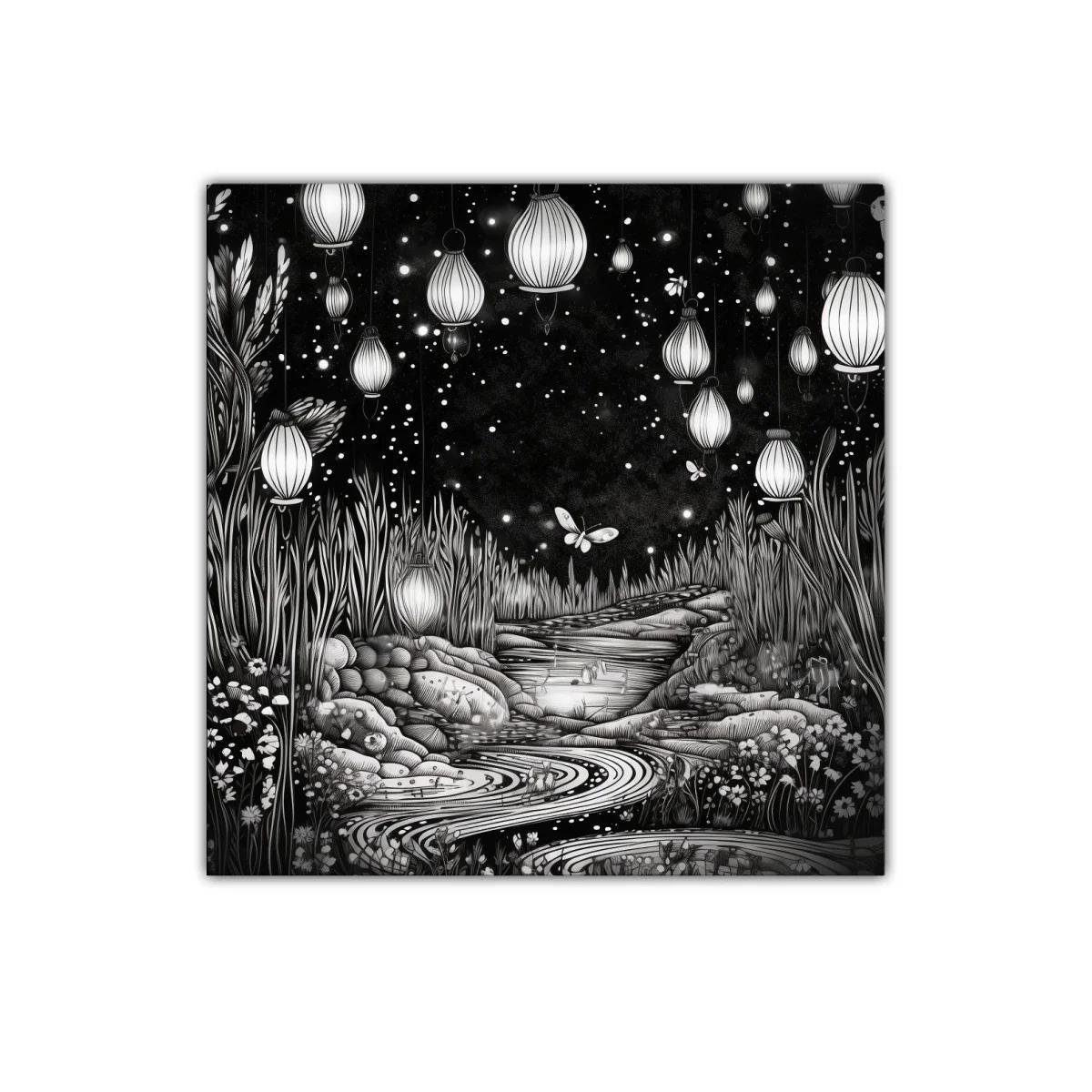 Paisaje nocturno con linternas y mariposas brillantes