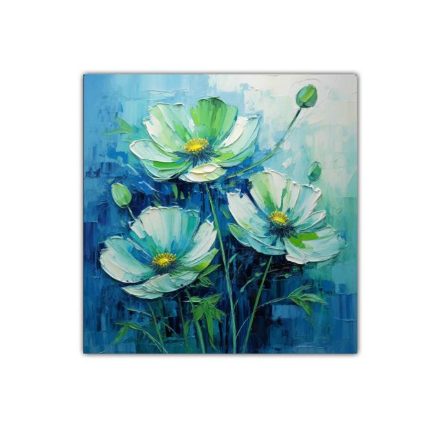 Cuadro floral con flores blancas y toque de verde sobre fondo azul