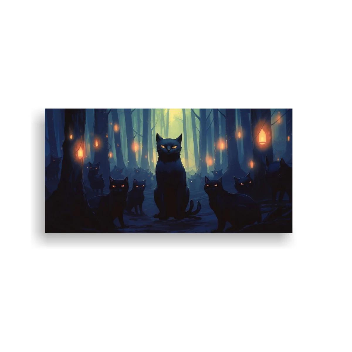 Cuadro gato negro en bosque nocturno con luces cálidas