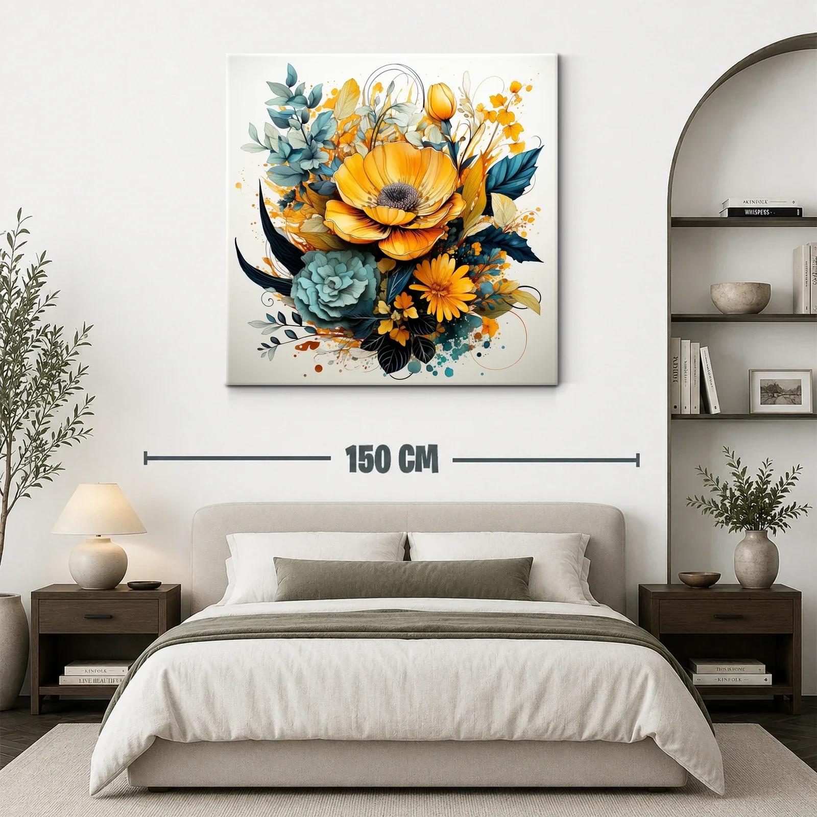 Cuadro floral vibrante con tonos amarillos y verdes azules — miniatura 3