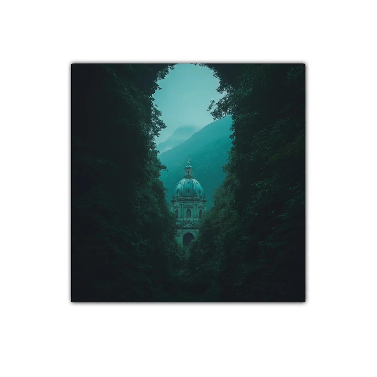 Templo entre frondosos árboles bajo neblina azulada — miniatura 1