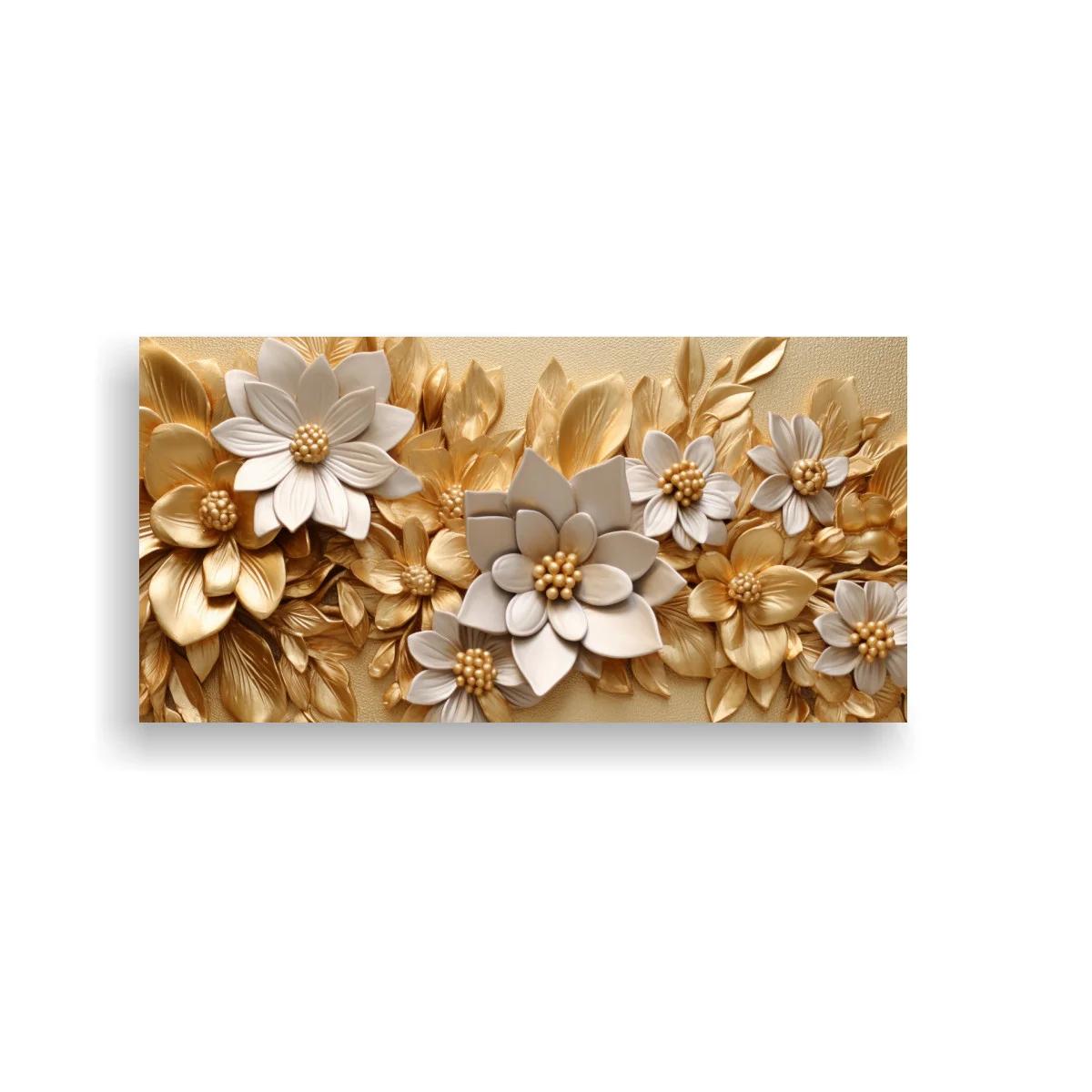 Cuadro flores doradas y blancas en relieve con textura tridimensional